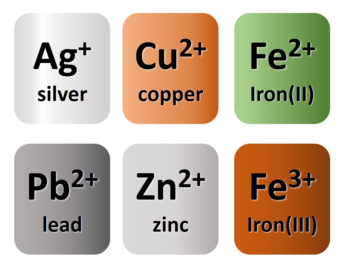 Ag+, Cu2+, Fe2+, Fe3+, Pb2+, Zn2+ to learn